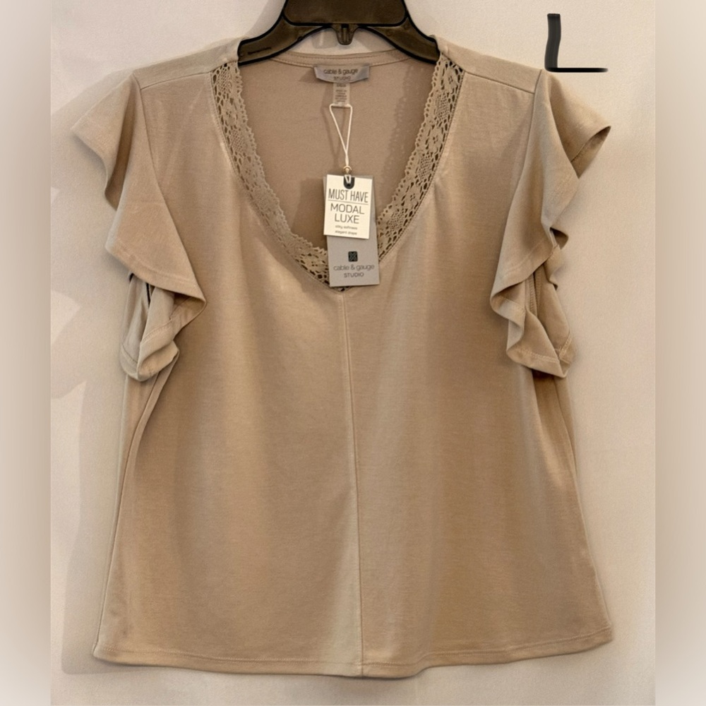 Cable & Gauge Tan Ruffle Sleeve Blouse
